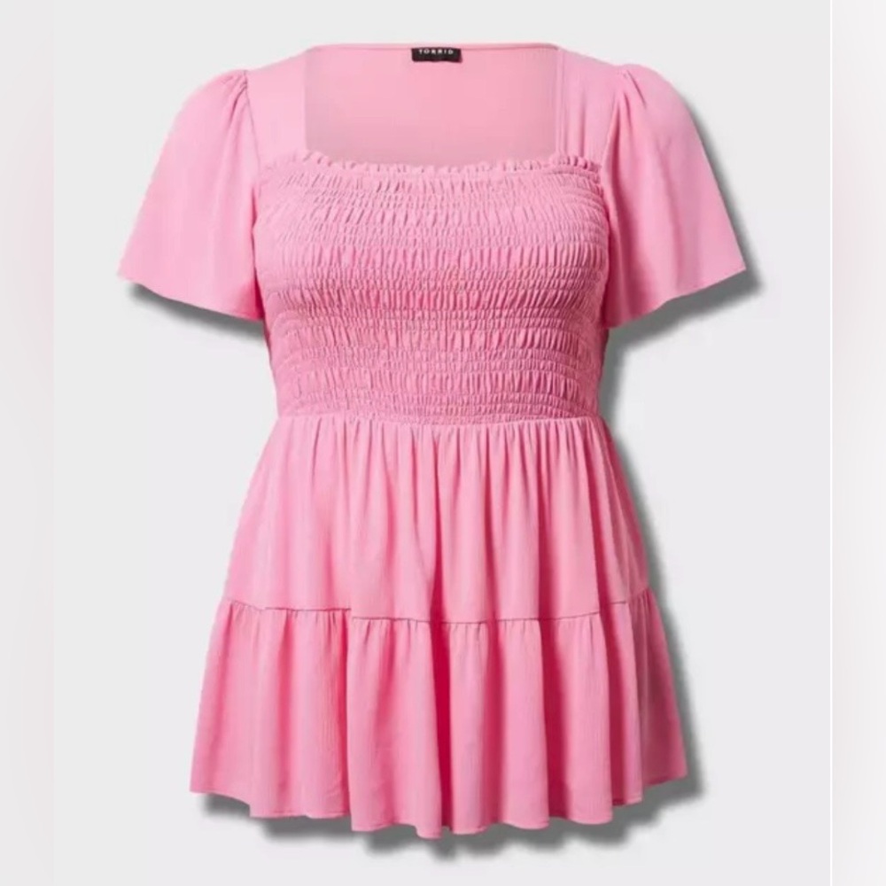 NWT Torrid Sachet Pink Gauzy Smocked Square Neck Tiered Babydoll Blouse Top 2X
